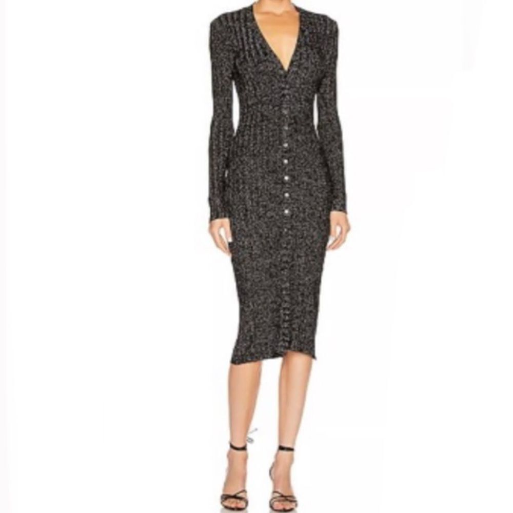 Enza Costa Black and Silver Ribbed Button-Up Cardigan Midi Dress Size Large